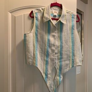 Linen tie hem button front stripe top.